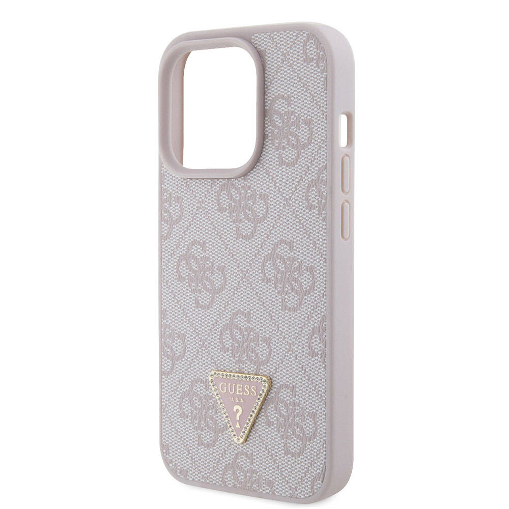 iPhone 15 Pro Kılıf Guess Orijinal Lisanslı PU Deri Taşlı Üçgen Logo 4G Desenli Strass Kılıf