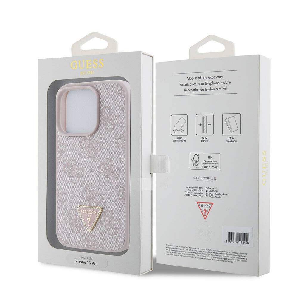 iPhone 15 Pro Kılıf Guess Orijinal Lisanslı PU Deri Taşlı Üçgen Logo 4G Desenli Strass Kılıf