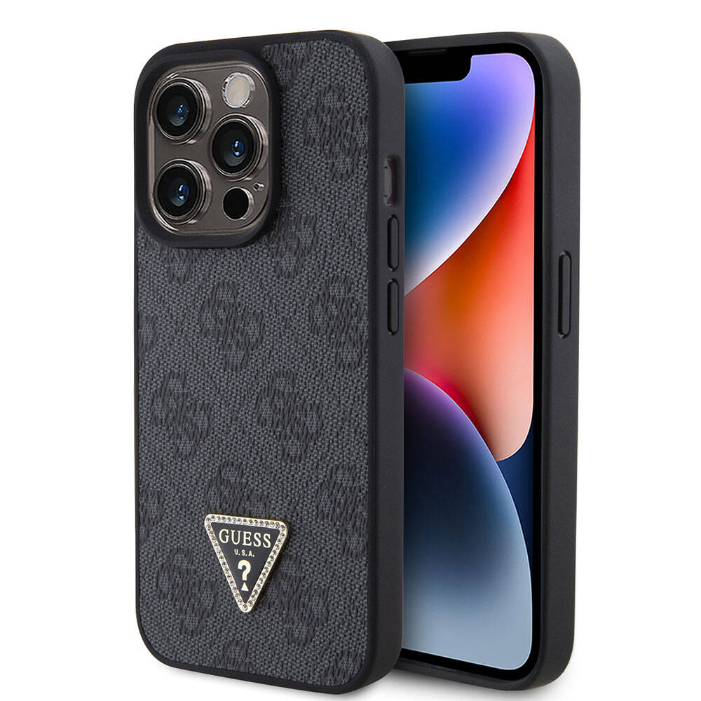 iPhone 15 Pro Kılıf Guess Orijinal Lisanslı PU Deri Taşlı Üçgen Logo 4G Desenli Strass Kılıf