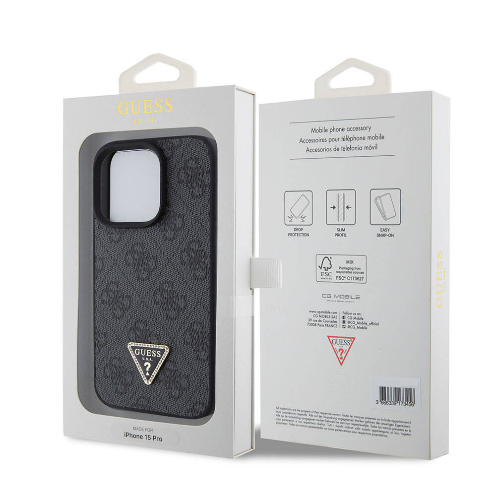 iPhone 15 Pro Kılıf Guess Orijinal Lisanslı PU Deri Taşlı Üçgen Logo 4G Desenli Strass Kılıf