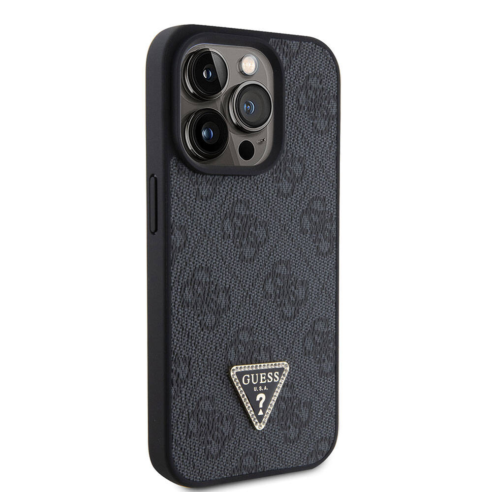 iPhone 15 Pro Kılıf Guess Orijinal Lisanslı PU Deri Taşlı Üçgen Logo 4G Desenli Strass Kılıf