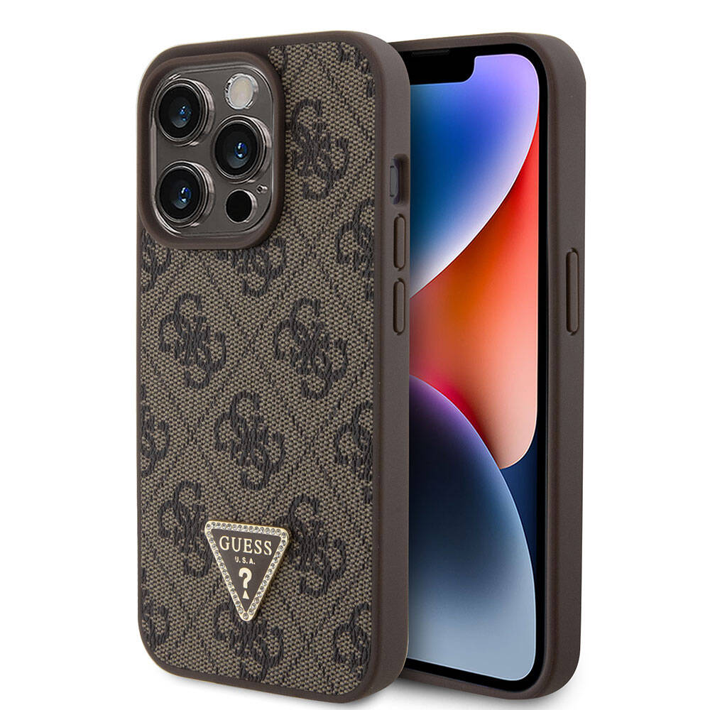 iPhone 15 Pro Kılıf Guess Orijinal Lisanslı PU Deri Taşlı Üçgen Logo 4G Desenli Strass Kılıf