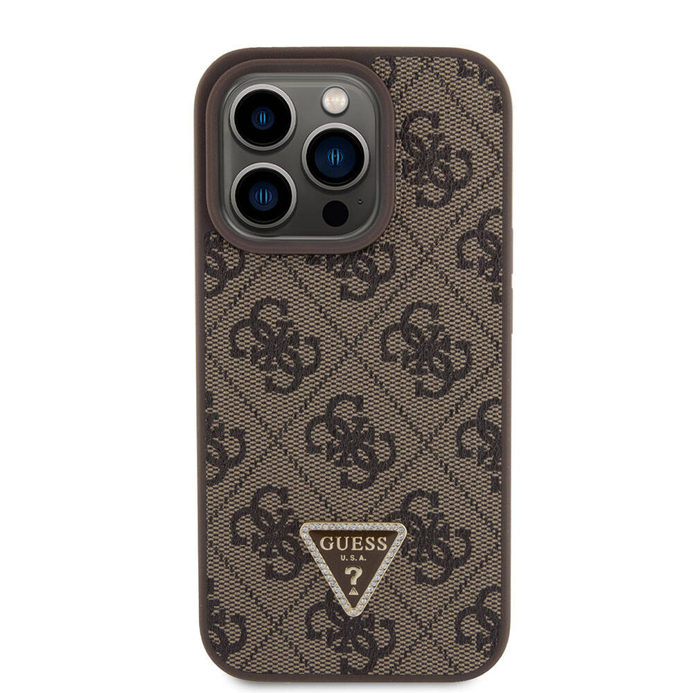 iPhone 15 Pro Kılıf Guess Orijinal Lisanslı PU Deri Taşlı Üçgen Logo 4G Desenli Strass Kılıf