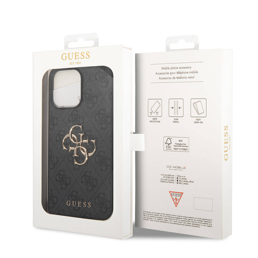 iPhone 15 Pro Kılıf Guess Orijinal Lisanslı PU Deri Yazı ve 4G Metal Logolu Desenli Kılıf