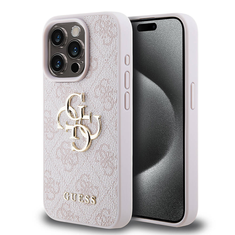 iPhone 15 Pro Kılıf Guess Orijinal Lisanslı PU Deri Yazı ve 4G Metal Logolu Desenli Kılıf