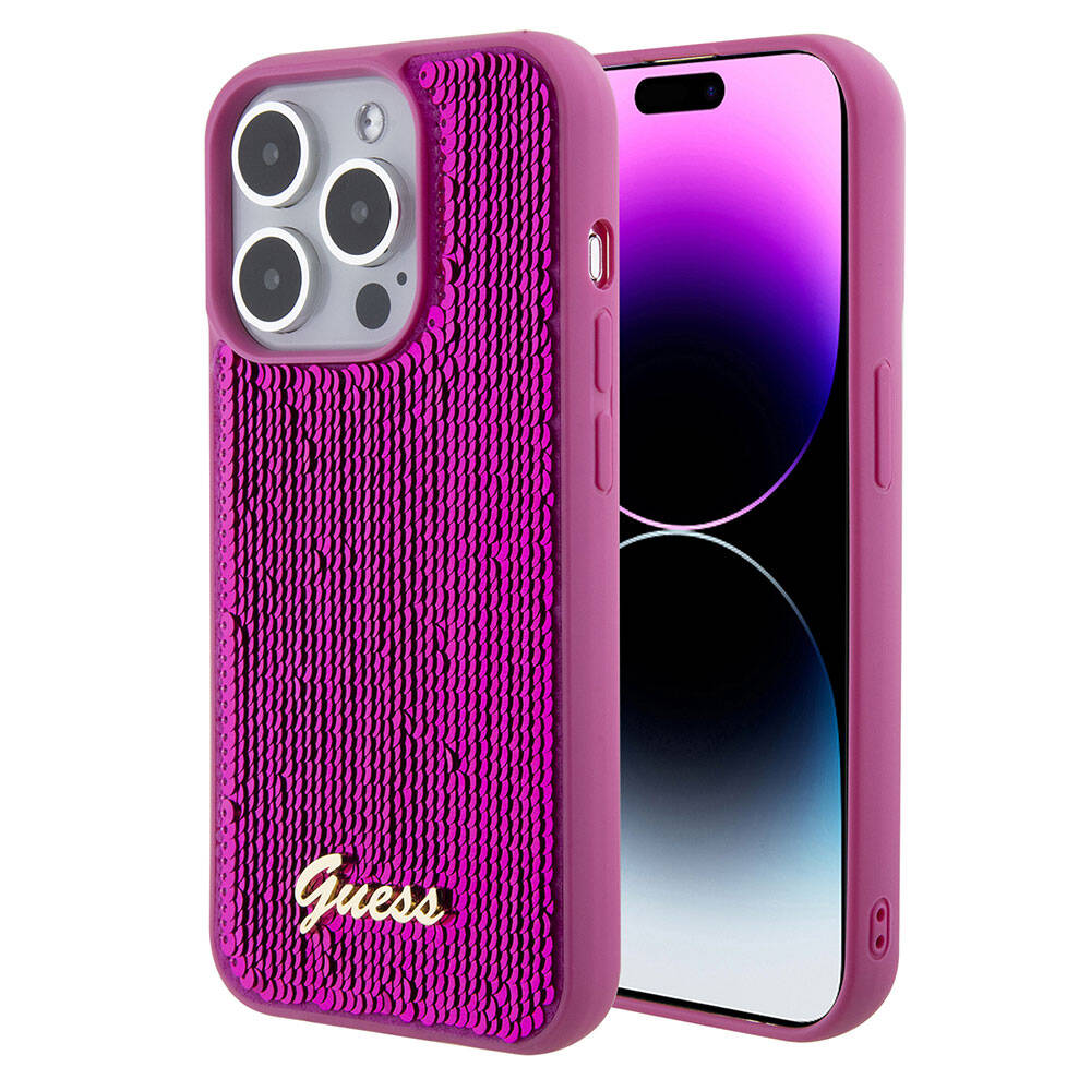 iPhone 15 Pro Kılıf Guess Orijinal Lisanslı Pullu Arka Yüzey Metal Yazı Logolu Sequin Script Kılıf