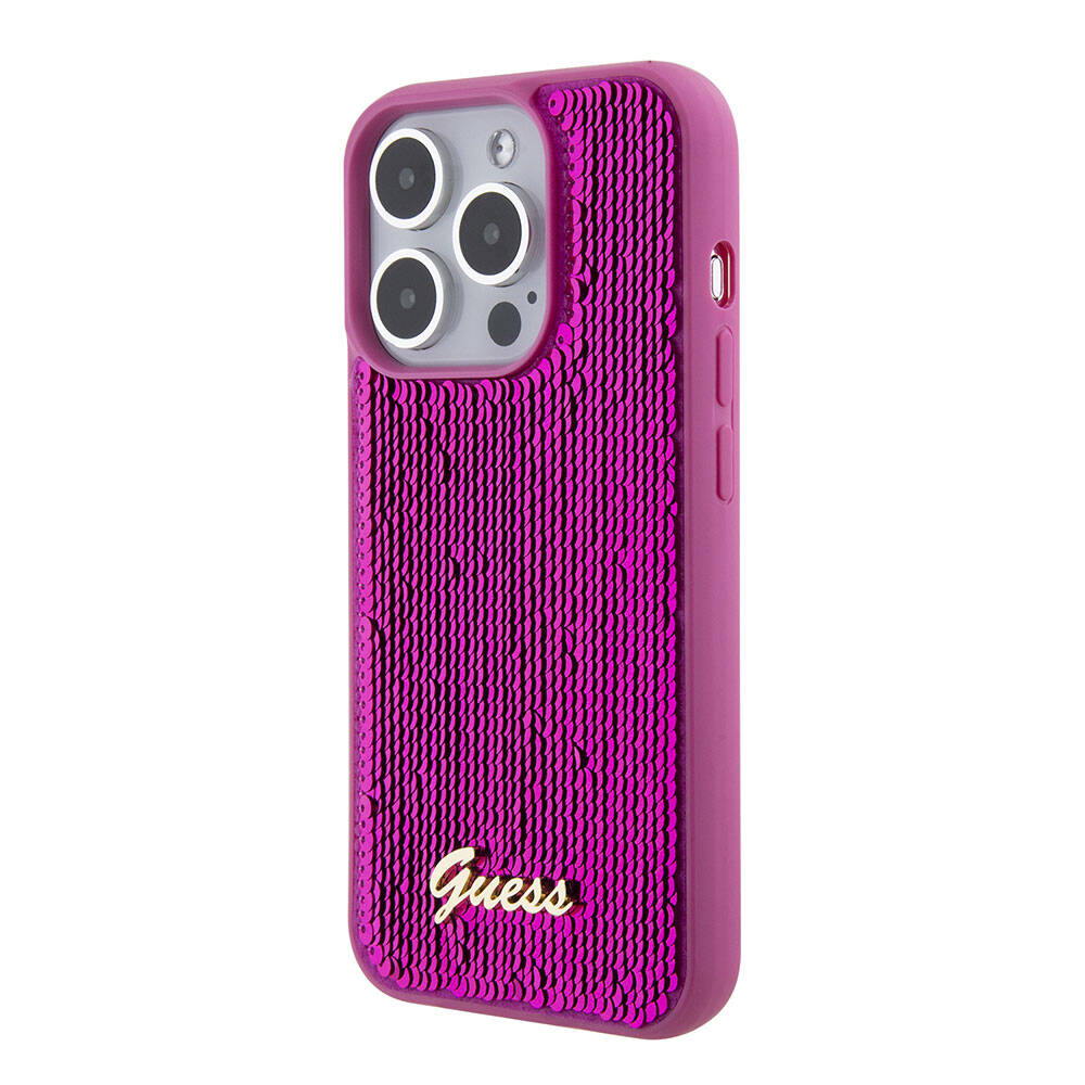 iPhone 15 Pro Kılıf Guess Orijinal Lisanslı Pullu Arka Yüzey Metal Yazı Logolu Sequin Script Kılıf