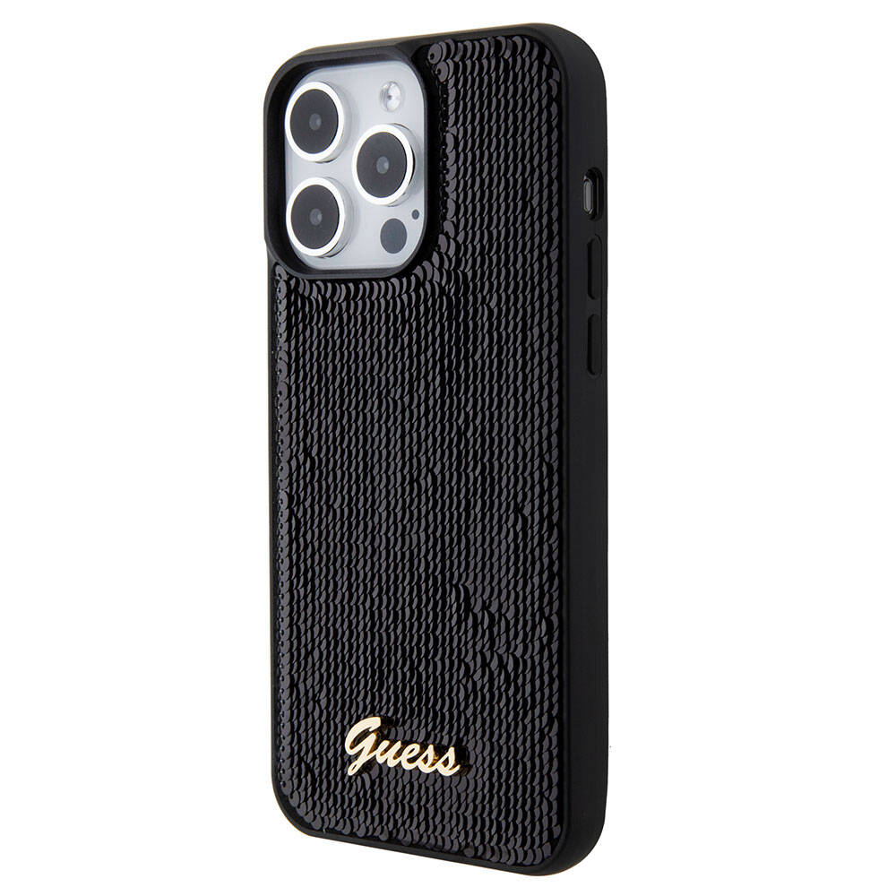 iPhone 15 Pro Kılıf Guess Orijinal Lisanslı Pullu Arka Yüzey Metal Yazı Logolu Sequin Script Kılıf
