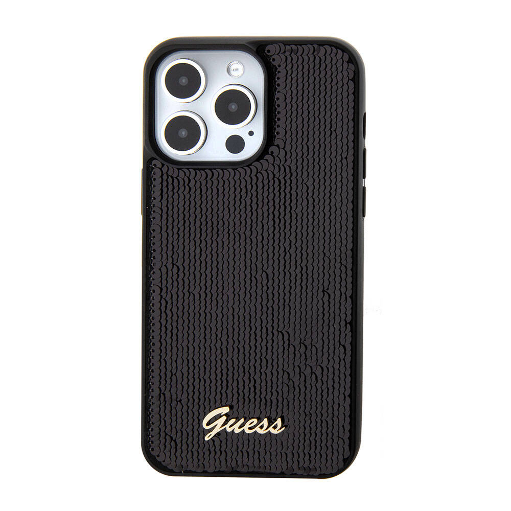 iPhone 15 Pro Kılıf Guess Orijinal Lisanslı Pullu Arka Yüzey Metal Yazı Logolu Sequin Script Kılıf