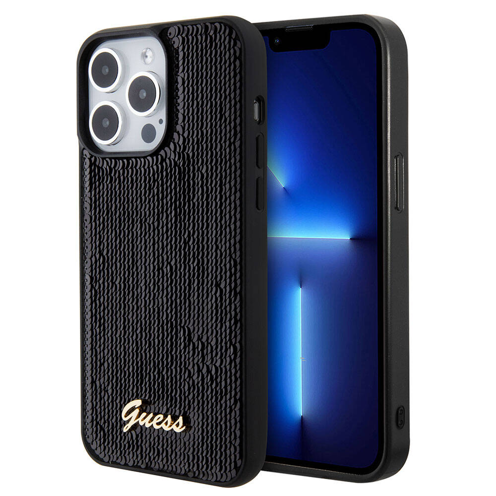 iPhone 15 Pro Kılıf Guess Orijinal Lisanslı Pullu Arka Yüzey Metal Yazı Logolu Sequin Script Kılıf