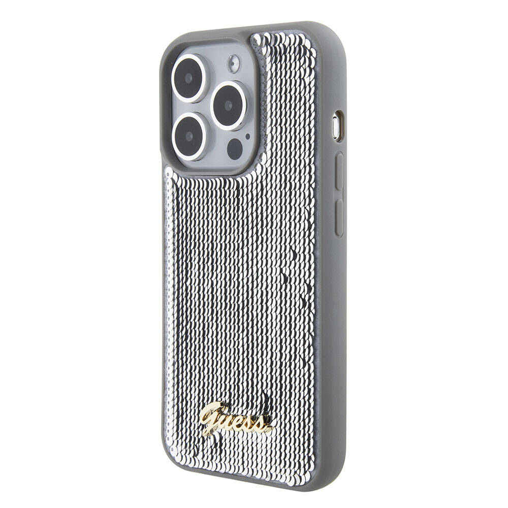 iPhone 15 Pro Kılıf Guess Orijinal Lisanslı Pullu Arka Yüzey Metal Yazı Logolu Sequin Script Kılıf