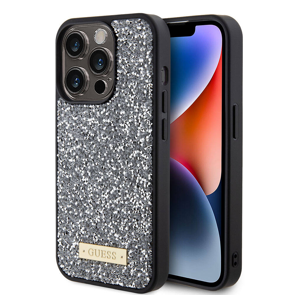 iPhone 15 Pro Kılıf Guess Orijinal Lisanslı Taşlı Arka Yüzey Metal Yazı Logolu Kılıf