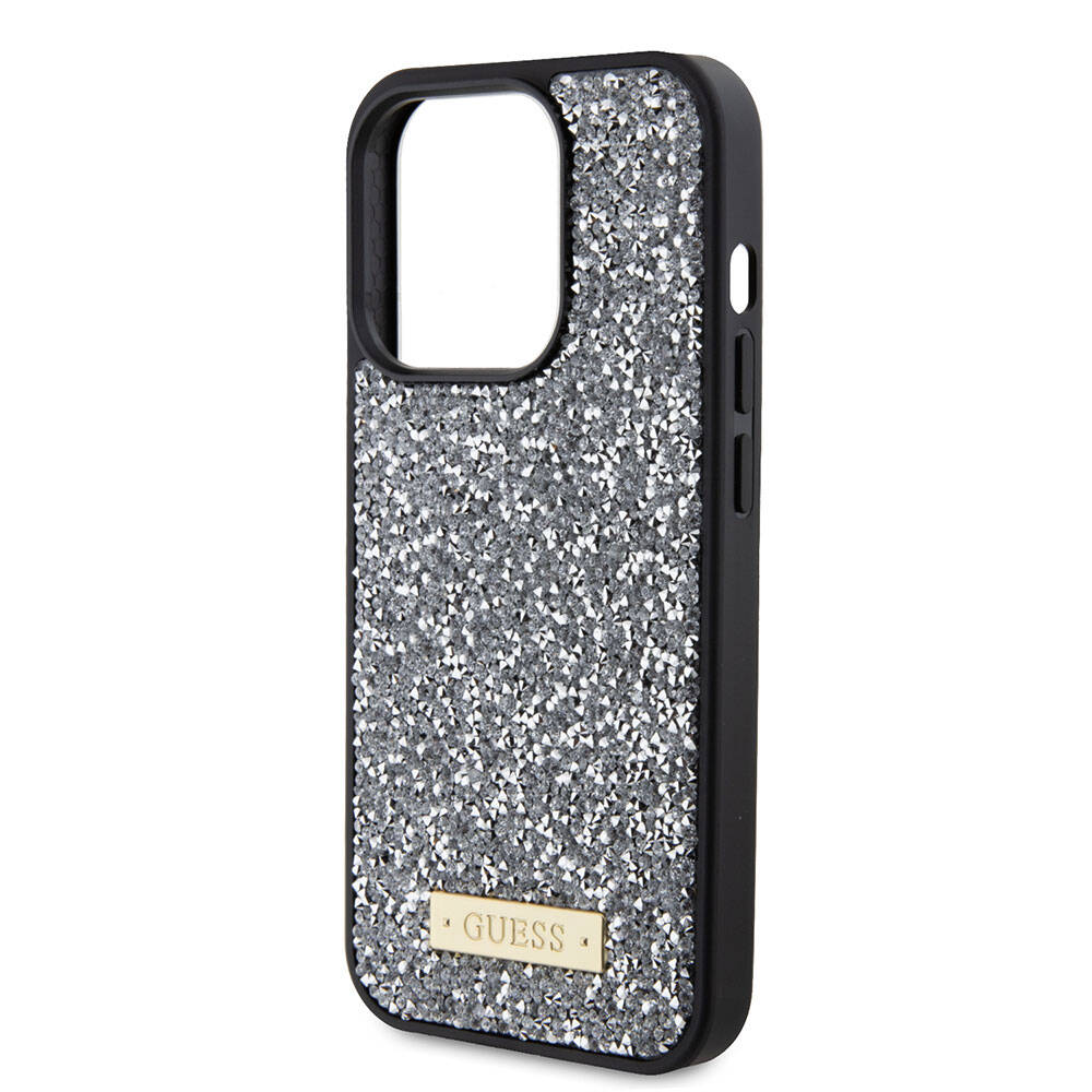 iPhone 15 Pro Kılıf Guess Orijinal Lisanslı Taşlı Arka Yüzey Metal Yazı Logolu Kılıf