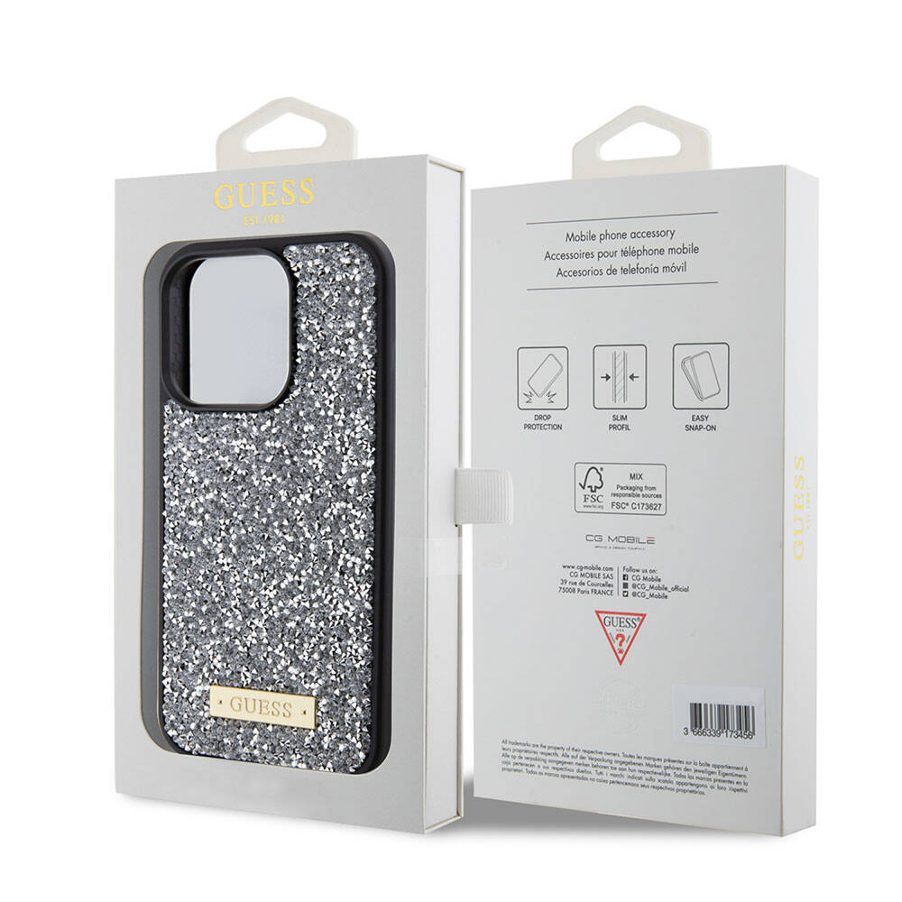 iPhone 15 Pro Kılıf Guess Orijinal Lisanslı Taşlı Arka Yüzey Metal Yazı Logolu Kılıf