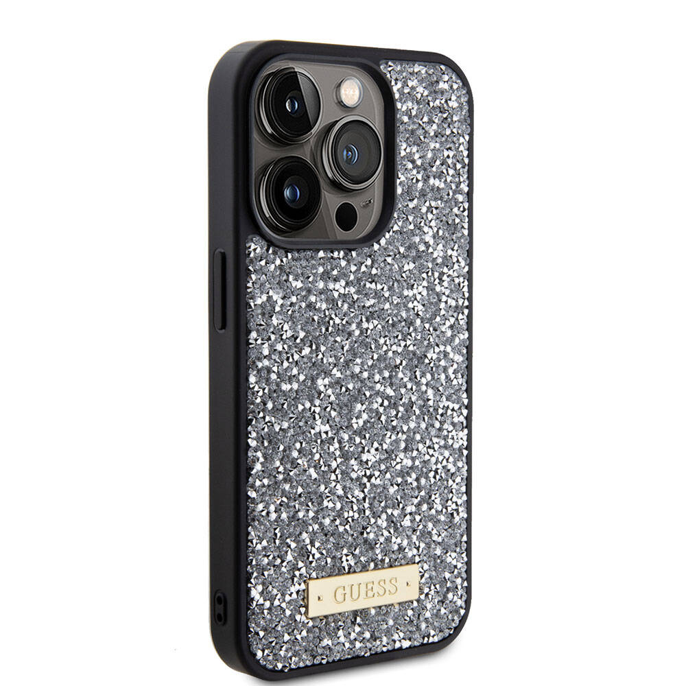 iPhone 15 Pro Kılıf Guess Orijinal Lisanslı Taşlı Arka Yüzey Metal Yazı Logolu Kılıf