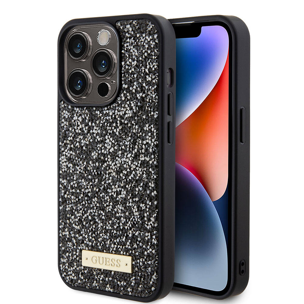 iPhone 15 Pro Kılıf Guess Orijinal Lisanslı Taşlı Arka Yüzey Metal Yazı Logolu Kılıf