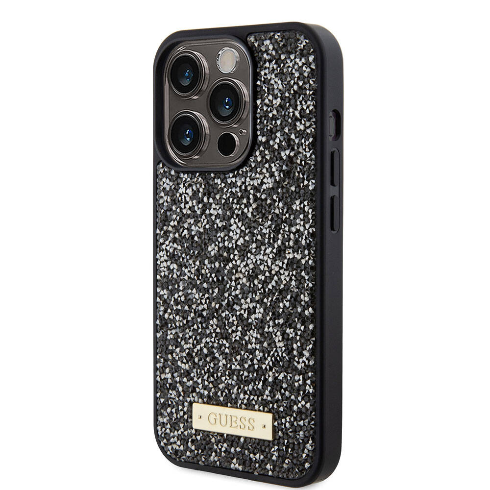 iPhone 15 Pro Kılıf Guess Orijinal Lisanslı Taşlı Arka Yüzey Metal Yazı Logolu Kılıf