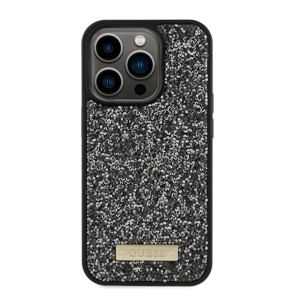 iPhone 15 Pro Kılıf Guess Orijinal Lisanslı Taşlı Arka Yüzey Metal Yazı Logolu Kılıf