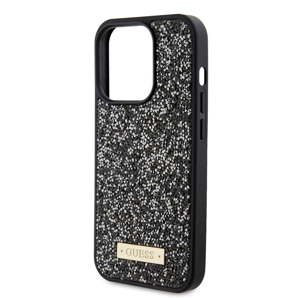 iPhone 15 Pro Kılıf Guess Orijinal Lisanslı Taşlı Arka Yüzey Metal Yazı Logolu Kılıf