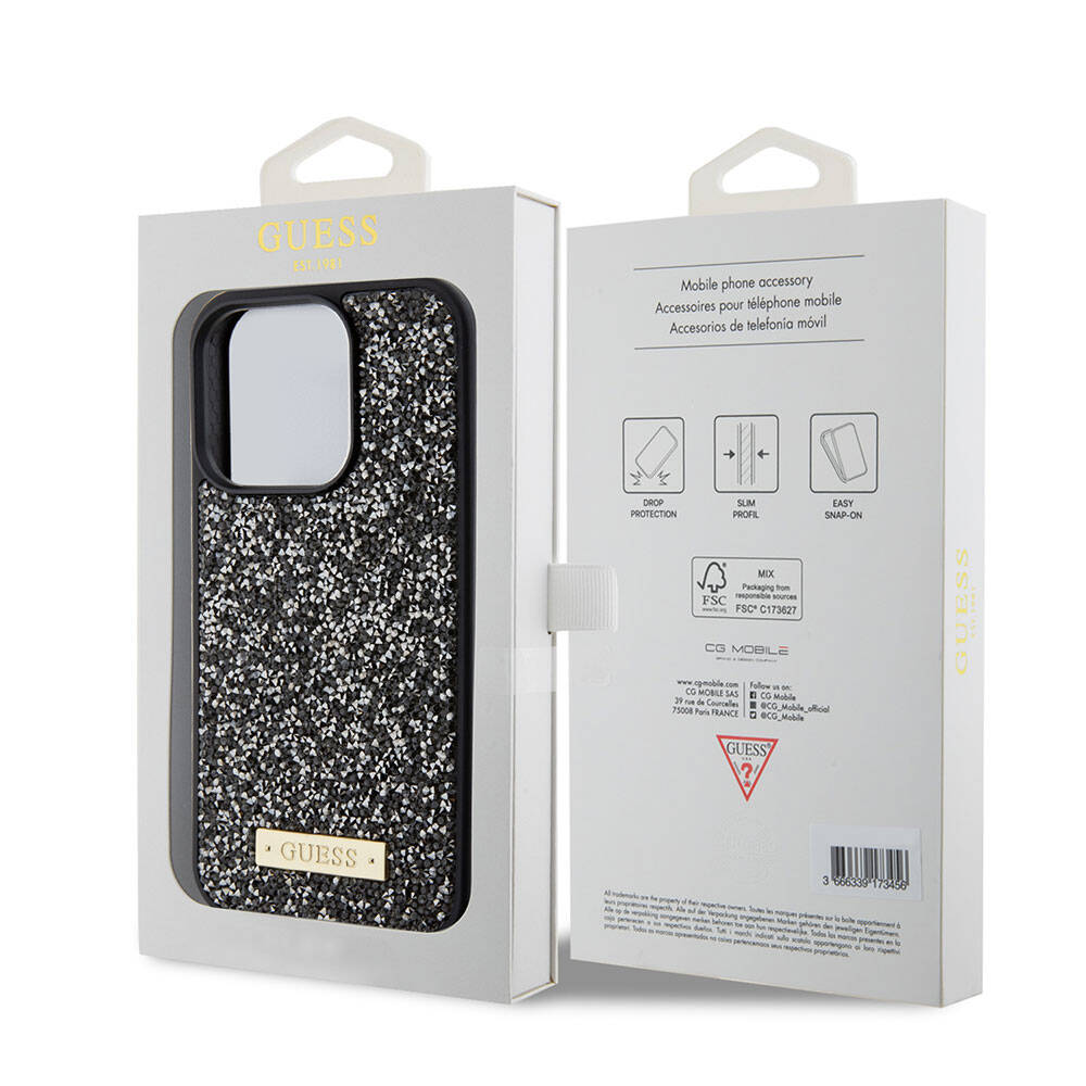 iPhone 15 Pro Kılıf Guess Orijinal Lisanslı Taşlı Arka Yüzey Metal Yazı Logolu Kılıf