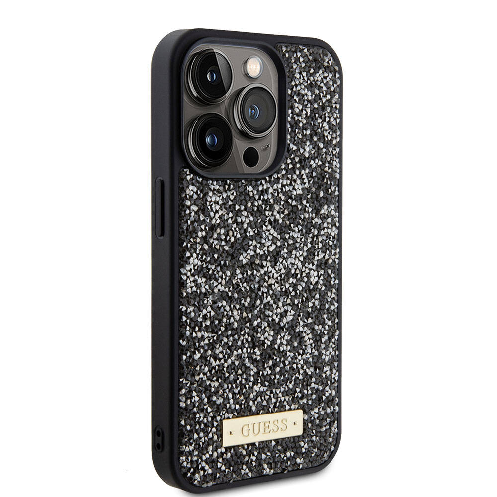 iPhone 15 Pro Kılıf Guess Orijinal Lisanslı Taşlı Arka Yüzey Metal Yazı Logolu Kılıf