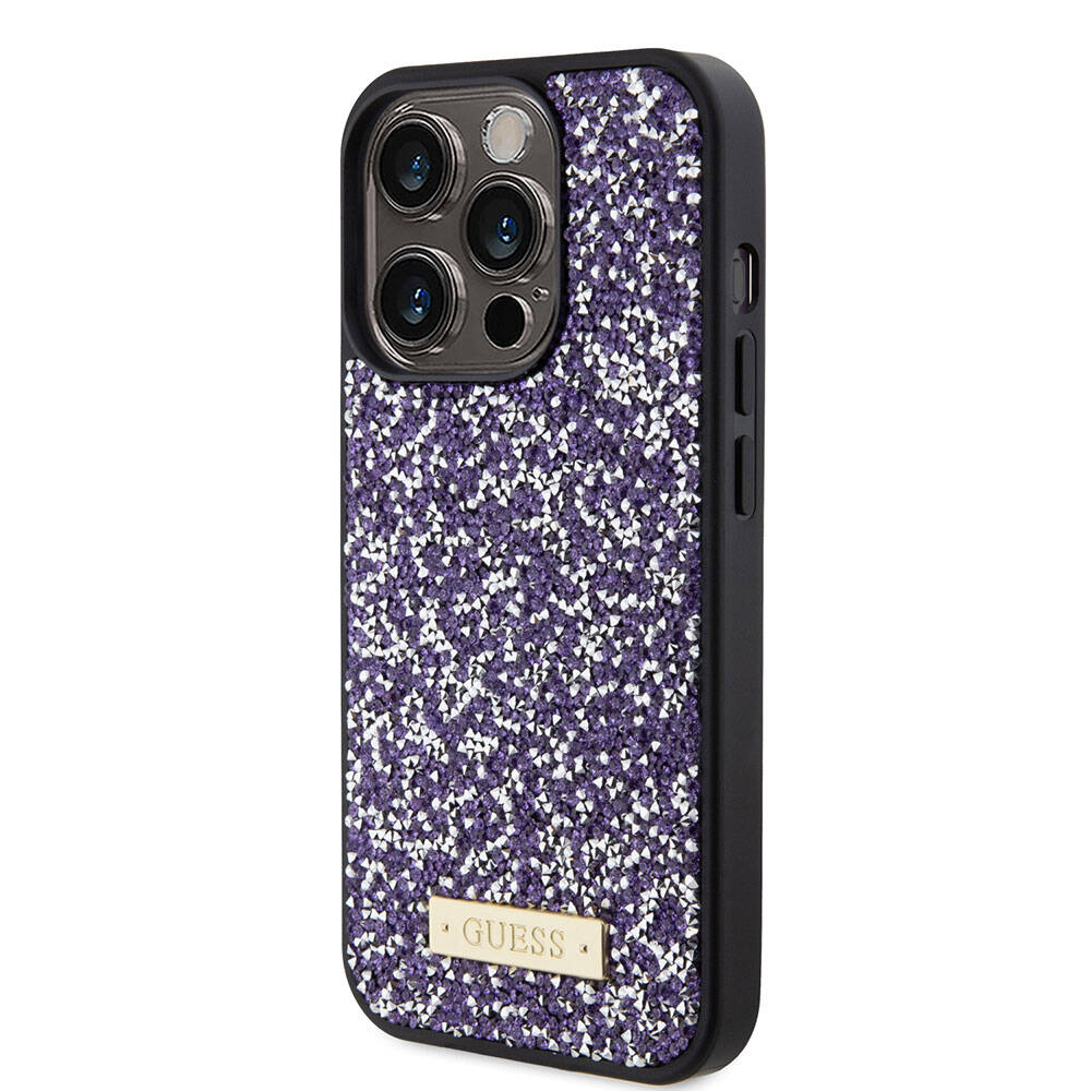 iPhone 15 Pro Kılıf Guess Orijinal Lisanslı Taşlı Arka Yüzey Metal Yazı Logolu Kılıf