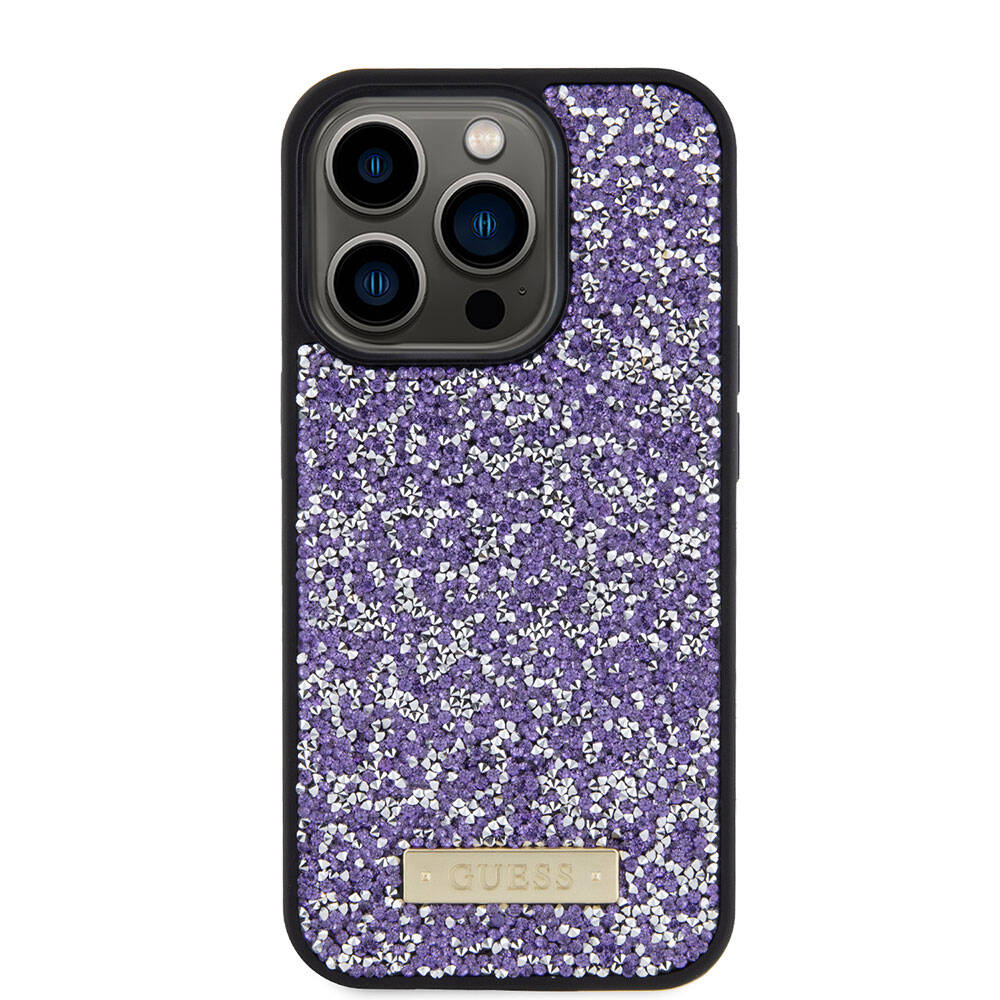 iPhone 15 Pro Kılıf Guess Orijinal Lisanslı Taşlı Arka Yüzey Metal Yazı Logolu Kılıf
