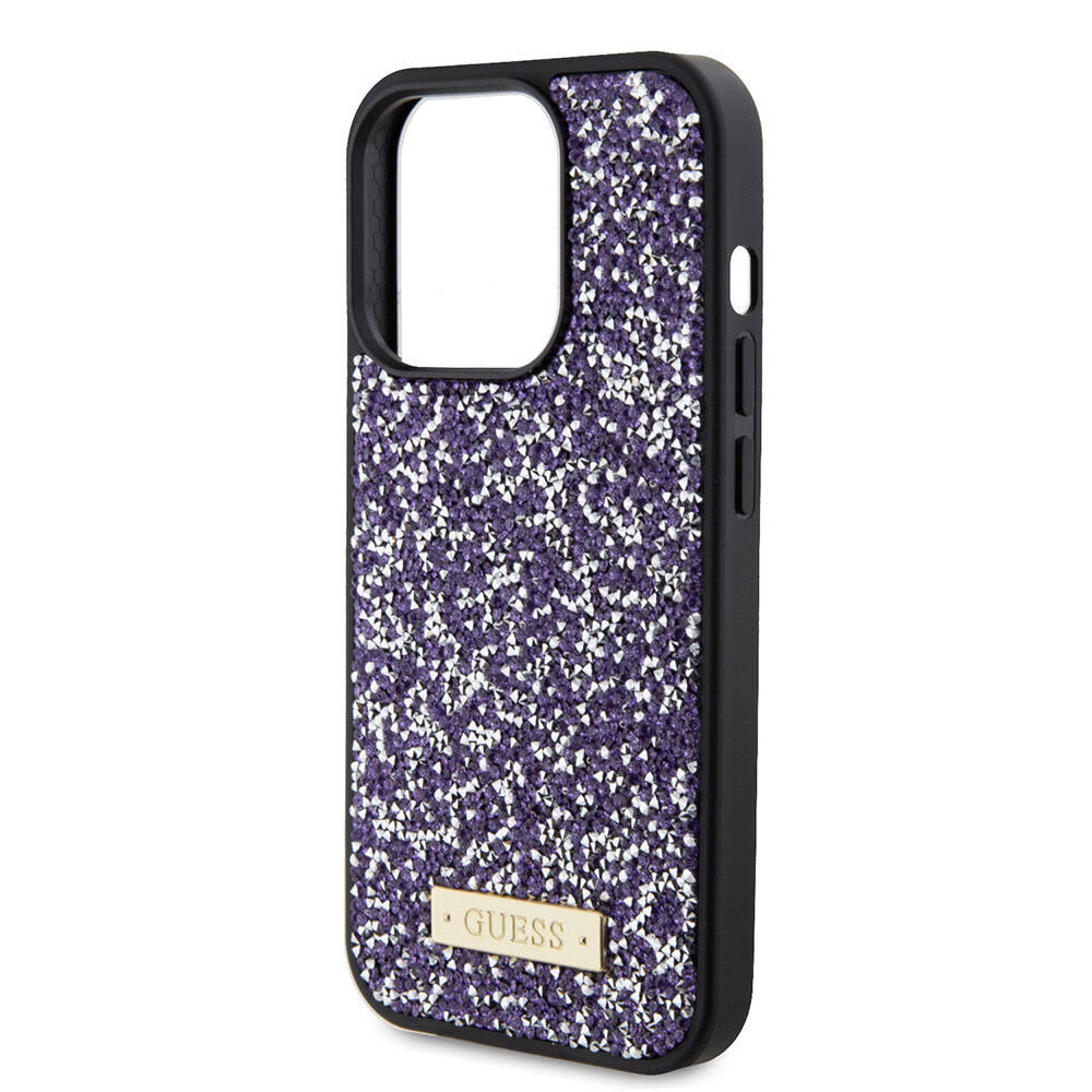 iPhone 15 Pro Kılıf Guess Orijinal Lisanslı Taşlı Arka Yüzey Metal Yazı Logolu Kılıf