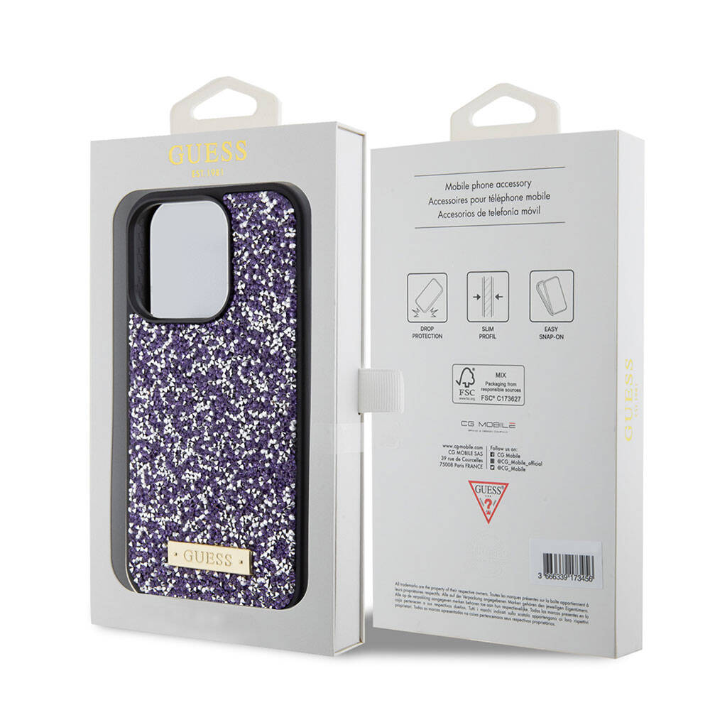 iPhone 15 Pro Kılıf Guess Orijinal Lisanslı Taşlı Arka Yüzey Metal Yazı Logolu Kılıf