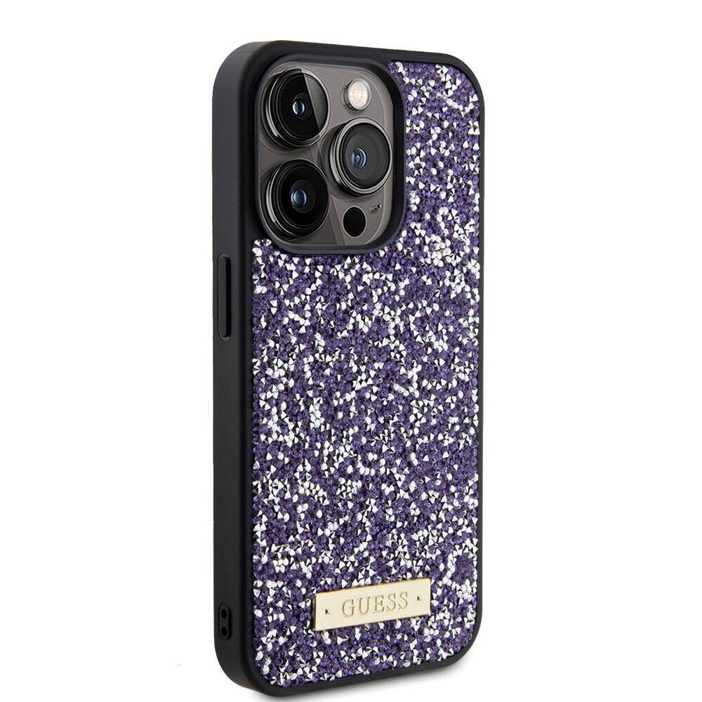 iPhone 15 Pro Kılıf Guess Orijinal Lisanslı Taşlı Arka Yüzey Metal Yazı Logolu Kılıf