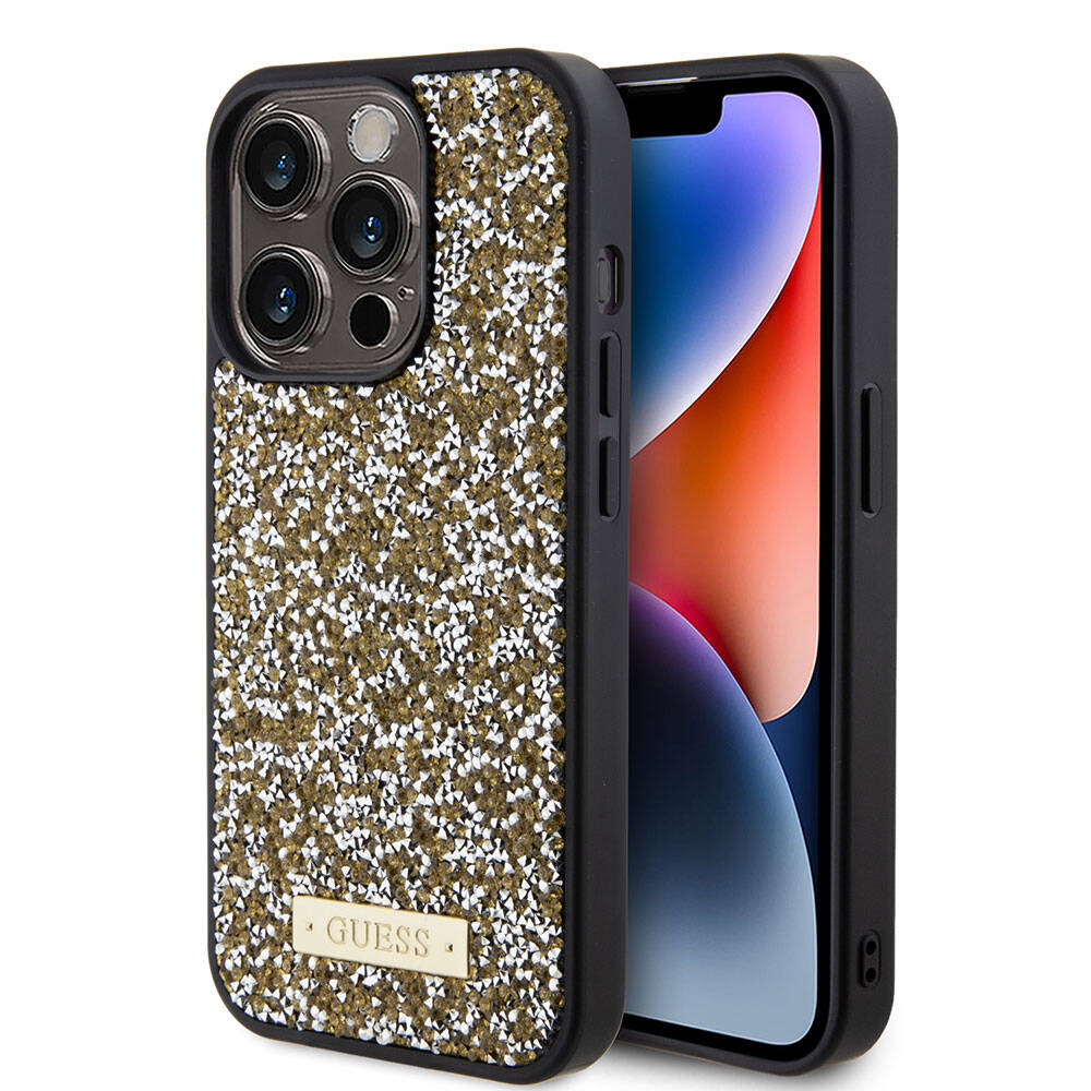 iPhone 15 Pro Kılıf Guess Orijinal Lisanslı Taşlı Arka Yüzey Metal Yazı Logolu Kılıf