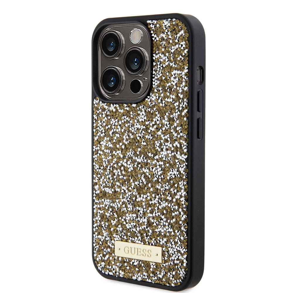 iPhone 15 Pro Kılıf Guess Orijinal Lisanslı Taşlı Arka Yüzey Metal Yazı Logolu Kılıf
