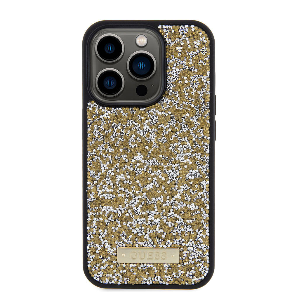 iPhone 15 Pro Kılıf Guess Orijinal Lisanslı Taşlı Arka Yüzey Metal Yazı Logolu Kılıf