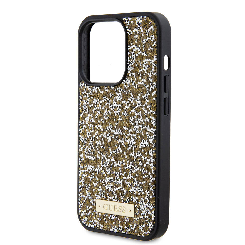 iPhone 15 Pro Kılıf Guess Orijinal Lisanslı Taşlı Arka Yüzey Metal Yazı Logolu Kılıf