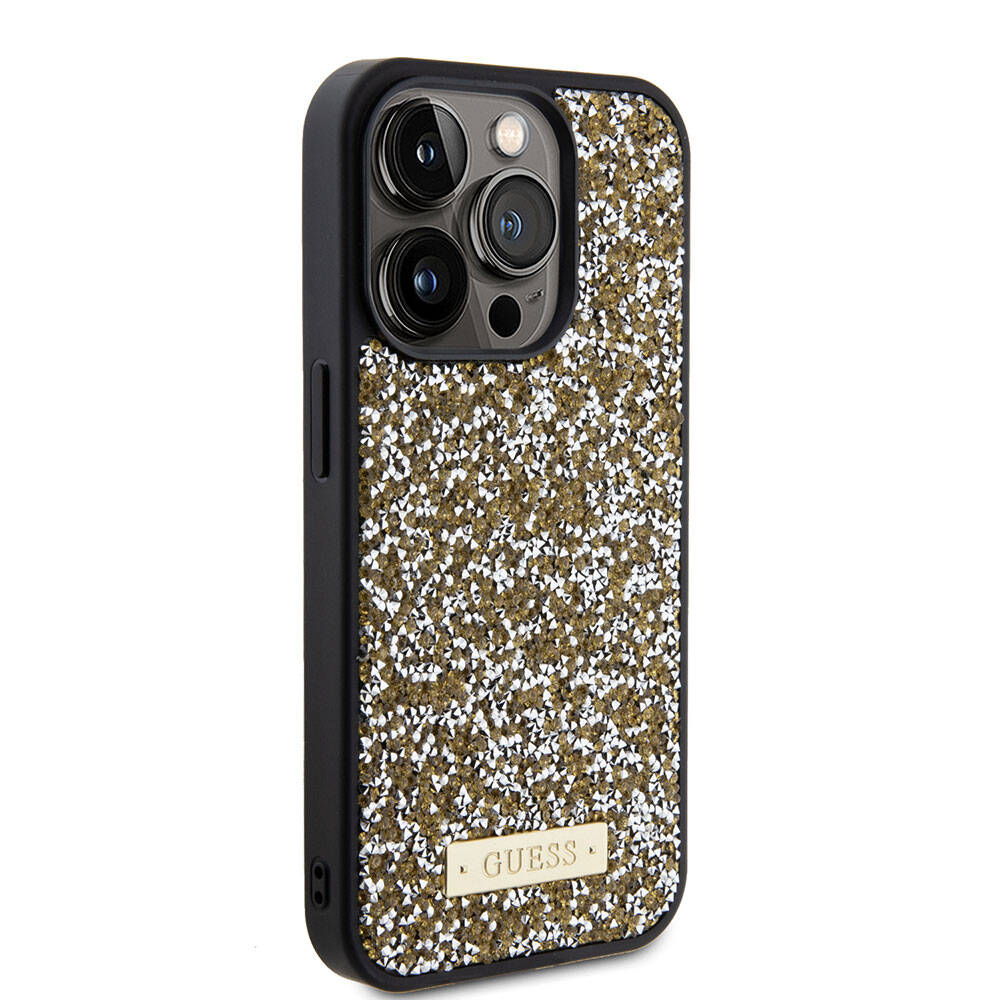 iPhone 15 Pro Kılıf Guess Orijinal Lisanslı Taşlı Arka Yüzey Metal Yazı Logolu Kılıf