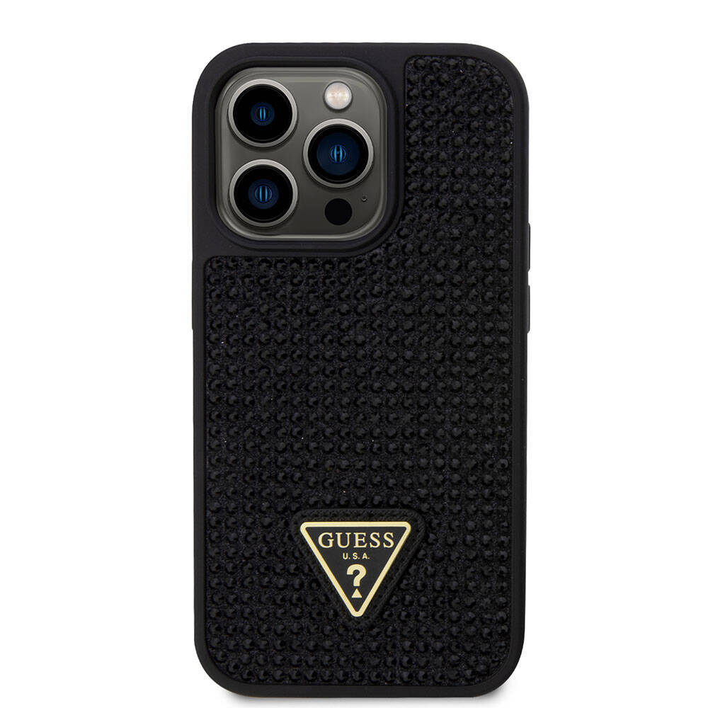 iPhone 15 Pro Kılıf Guess Orijinal Lisanslı Taşlı Arka Yüzey Üçgen Logolu Kılıf