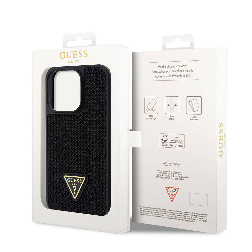 iPhone 15 Pro Kılıf Guess Orijinal Lisanslı Taşlı Arka Yüzey Üçgen Logolu Kılıf