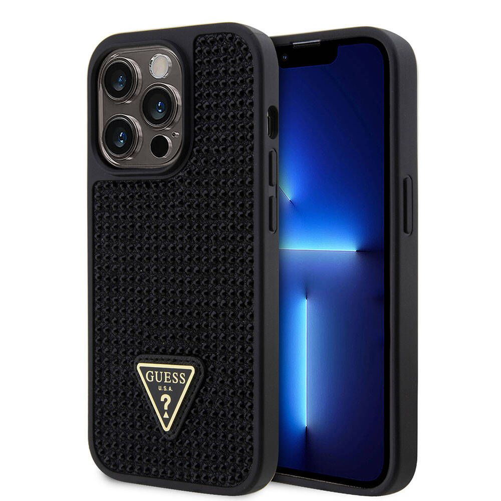 iPhone 15 Pro Kılıf Guess Orijinal Lisanslı Taşlı Arka Yüzey Üçgen Logolu Kılıf