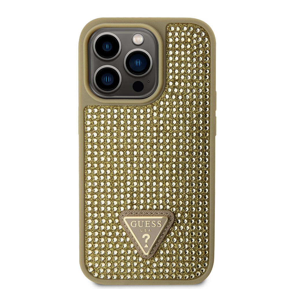 iPhone 15 Pro Kılıf Guess Orijinal Lisanslı Taşlı Arka Yüzey Üçgen Logolu Kılıf