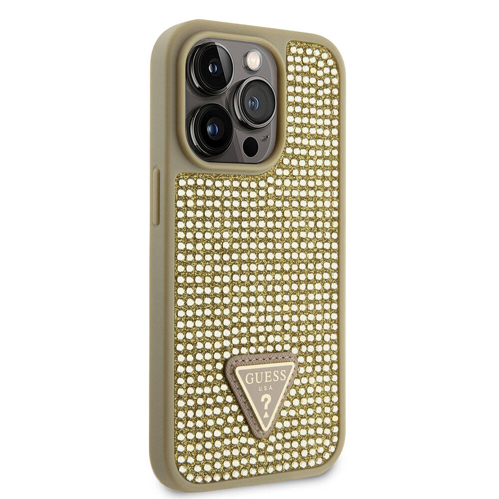 iPhone 15 Pro Kılıf Guess Orijinal Lisanslı Taşlı Arka Yüzey Üçgen Logolu Kılıf