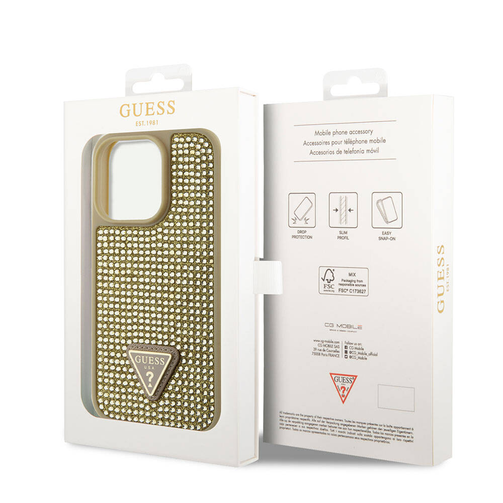iPhone 15 Pro Kılıf Guess Orijinal Lisanslı Taşlı Arka Yüzey Üçgen Logolu Kılıf