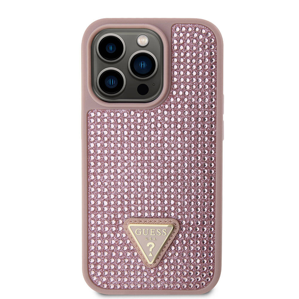 iPhone 15 Pro Kılıf Guess Orijinal Lisanslı Taşlı Arka Yüzey Üçgen Logolu Kılıf