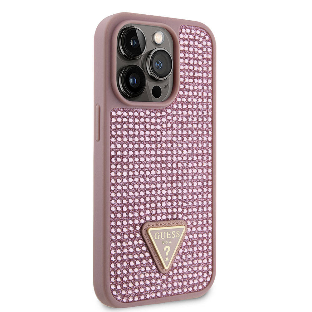 iPhone 15 Pro Kılıf Guess Orijinal Lisanslı Taşlı Arka Yüzey Üçgen Logolu Kılıf