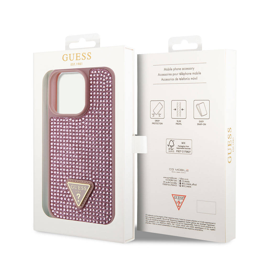 iPhone 15 Pro Kılıf Guess Orijinal Lisanslı Taşlı Arka Yüzey Üçgen Logolu Kılıf