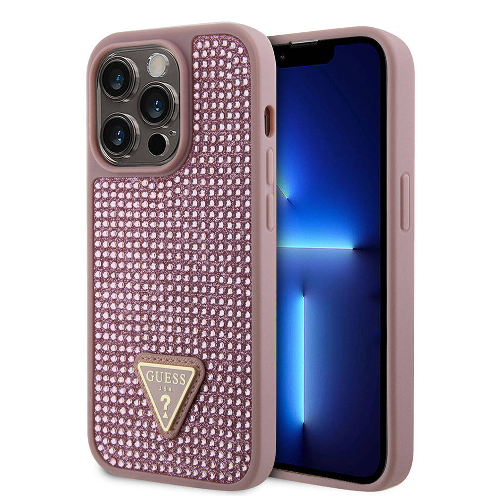 iPhone 15 Pro Kılıf Guess Orijinal Lisanslı Taşlı Arka Yüzey Üçgen Logolu Kılıf