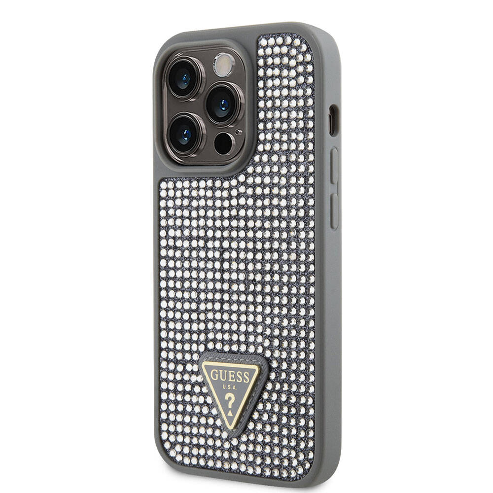 iPhone 15 Pro Kılıf Guess Orijinal Lisanslı Taşlı Arka Yüzey Üçgen Logolu Kılıf