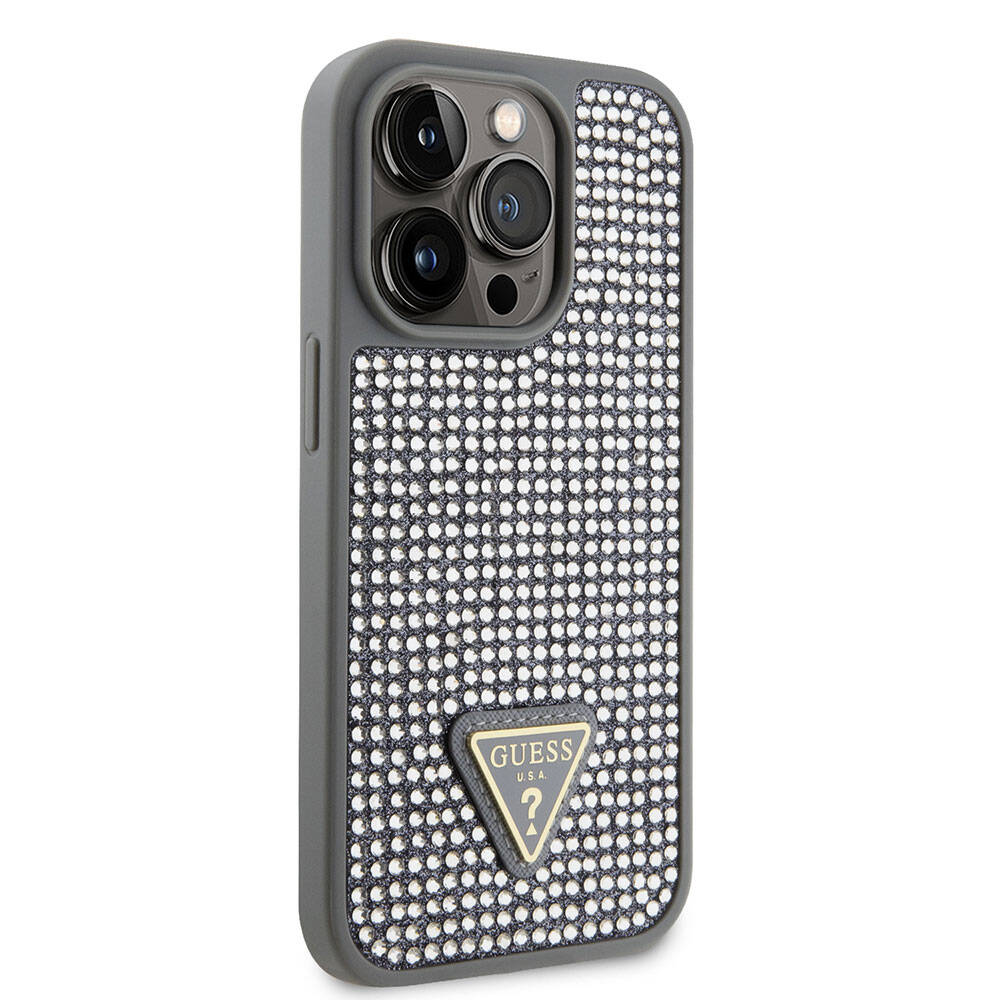 iPhone 15 Pro Kılıf Guess Orijinal Lisanslı Taşlı Arka Yüzey Üçgen Logolu Kılıf