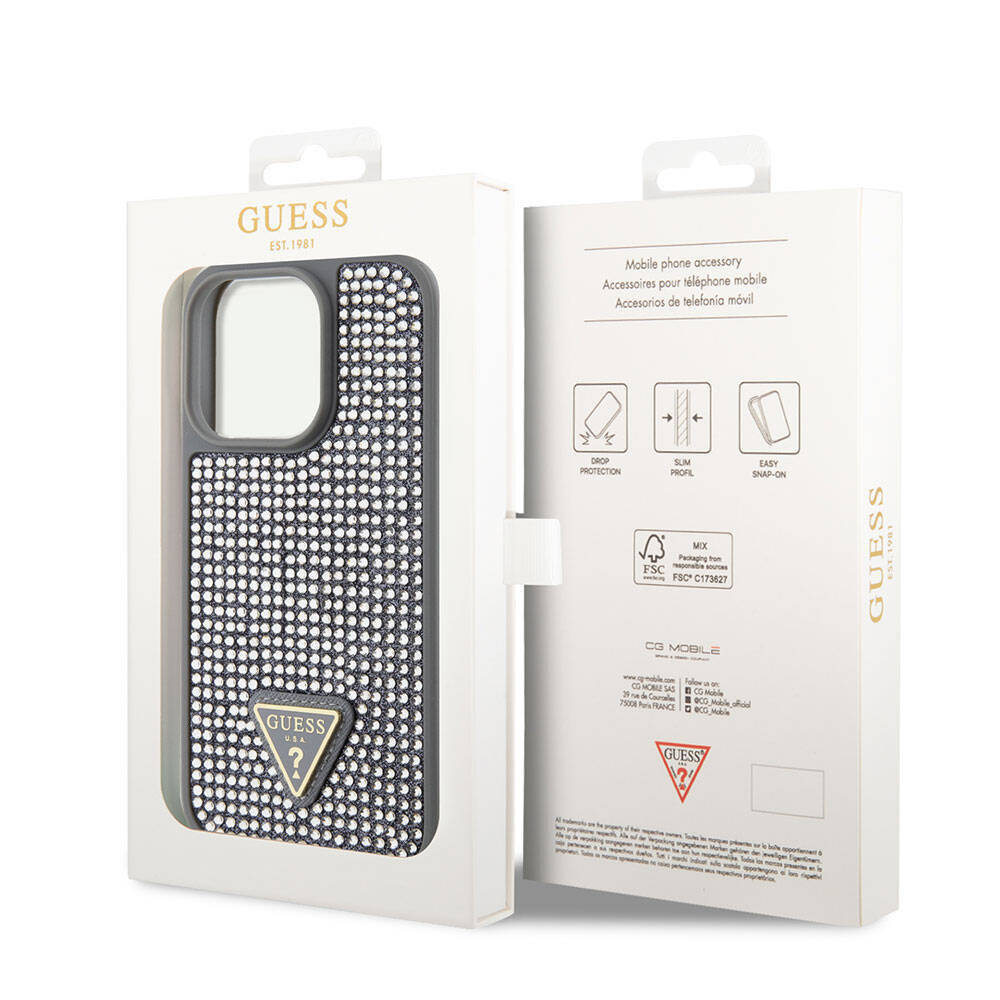 iPhone 15 Pro Kılıf Guess Orijinal Lisanslı Taşlı Arka Yüzey Üçgen Logolu Kılıf