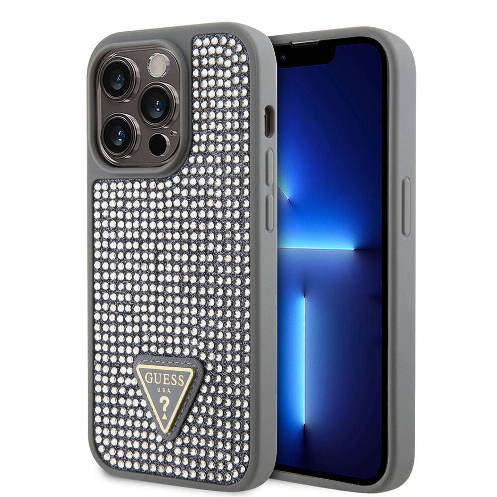iPhone 15 Pro Kılıf Guess Orijinal Lisanslı Taşlı Arka Yüzey Üçgen Logolu Kılıf