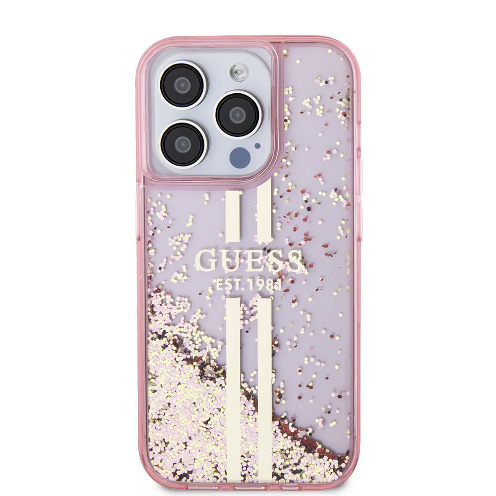 iPhone 15 Pro Kılıf Guess Orijinal Lisanslı Transparan Sıvılı Simli Altın Çizgili Kılıf